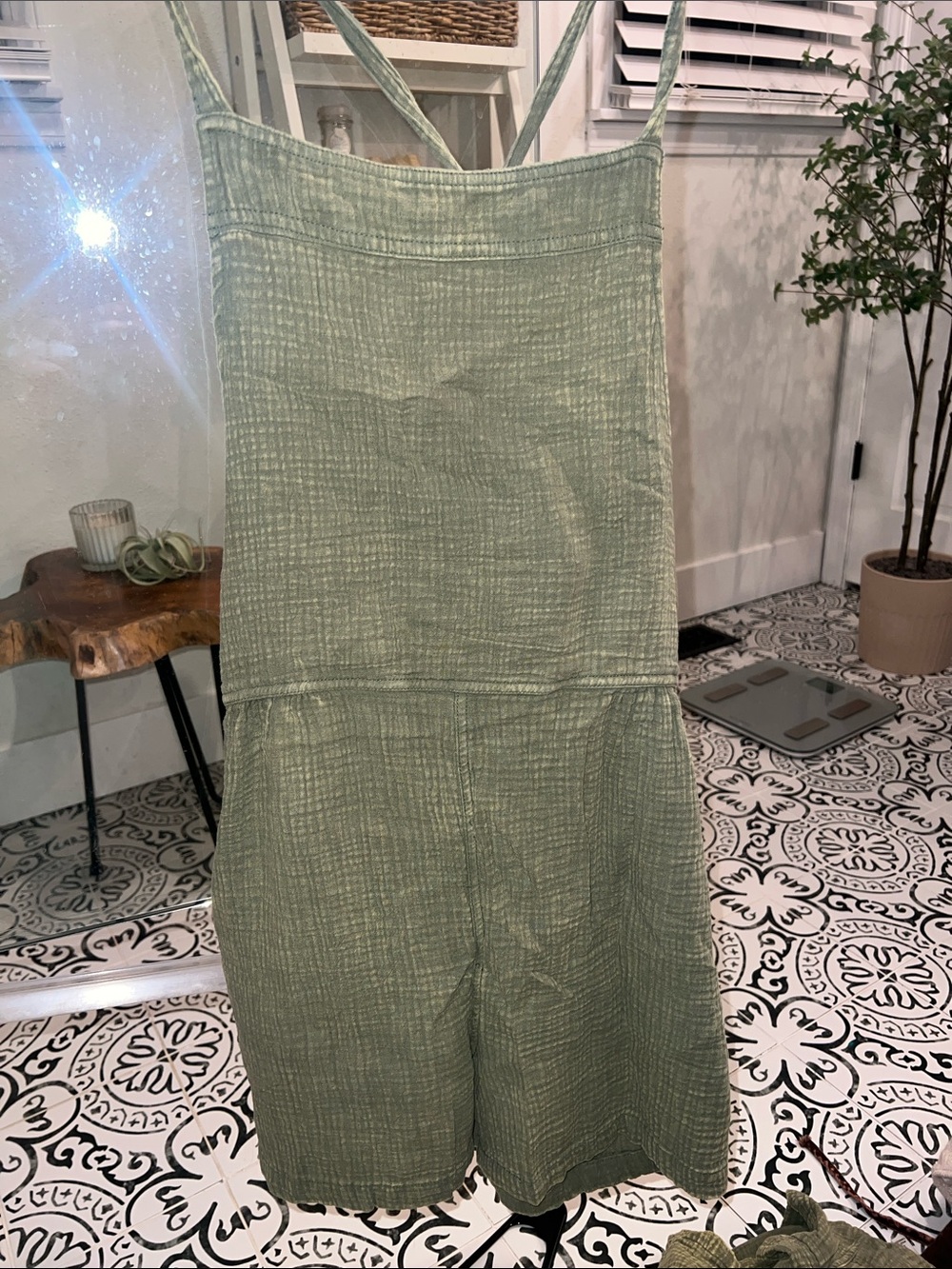 Zenana Outfitters Olive Green Textured Linen Romper